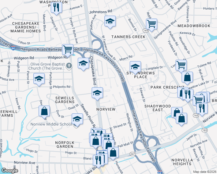 map of restaurants, bars, coffee shops, grocery stores, and more near 1232 Bunsen Court in Norfolk