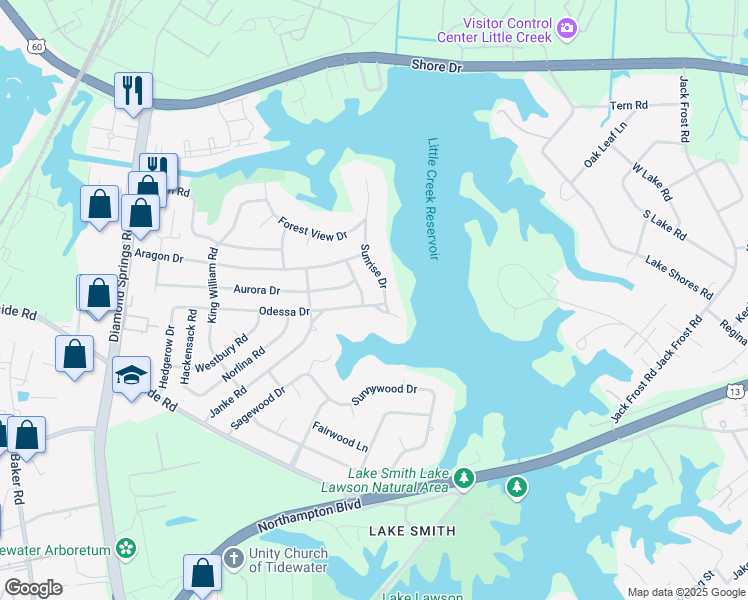 map of restaurants, bars, coffee shops, grocery stores, and more near 5504 Odessa Drive in Virginia Beach