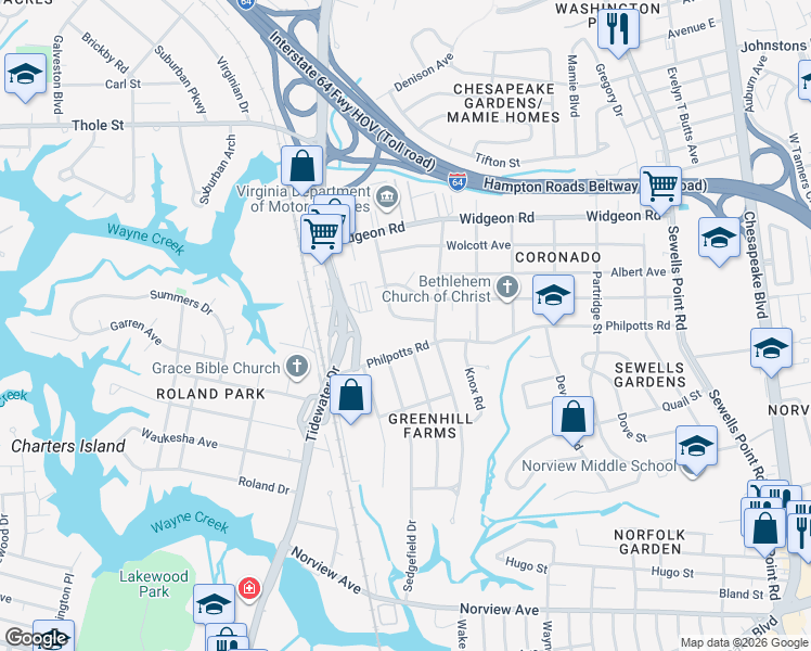 map of restaurants, bars, coffee shops, grocery stores, and more near 880 Philpotts Road in Norfolk