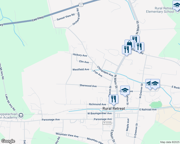 map of restaurants, bars, coffee shops, grocery stores, and more near 301 Westfield Avenue in Rural Retreat