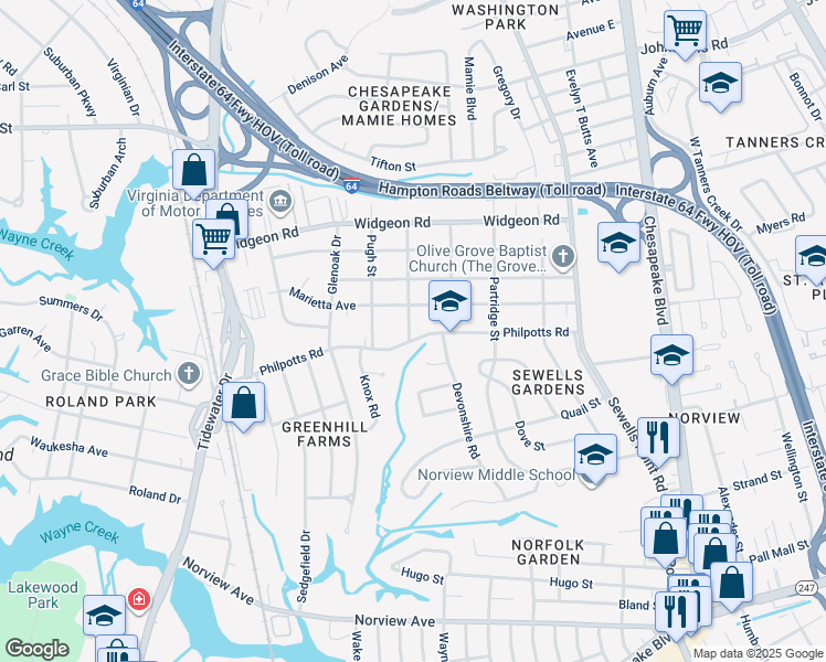 map of restaurants, bars, coffee shops, grocery stores, and more near 944 Philpotts Road in Norfolk