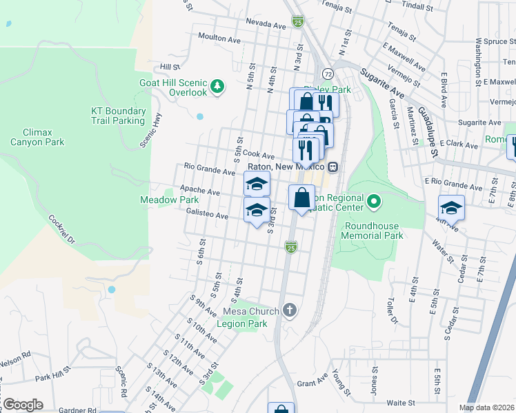 map of restaurants, bars, coffee shops, grocery stores, and more near 300 Galisteo Avenue in Raton