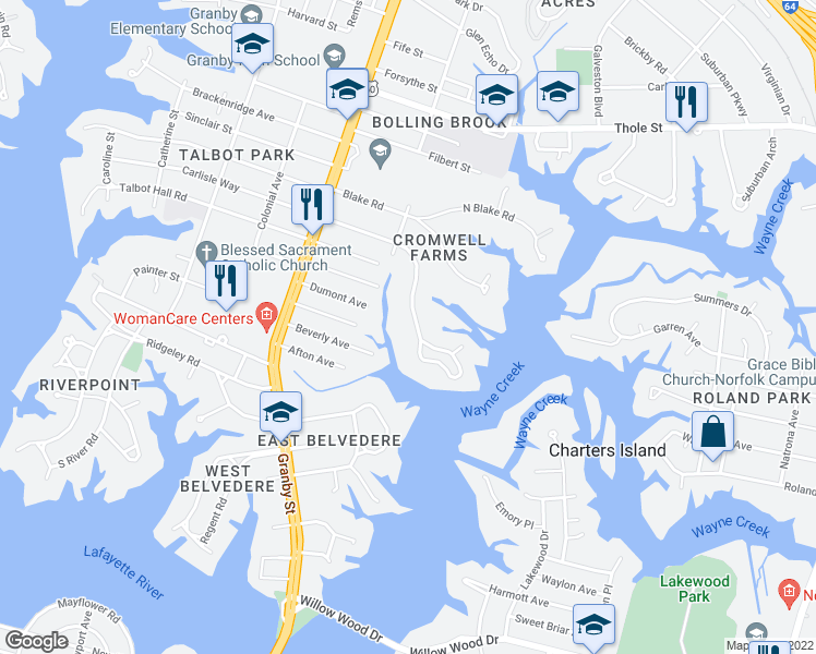 map of restaurants, bars, coffee shops, grocery stores, and more near 229 Sir Oliver Road in Norfolk