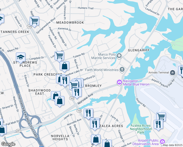 map of restaurants, bars, coffee shops, grocery stores, and more near 1820 Hartford Drive in Norfolk