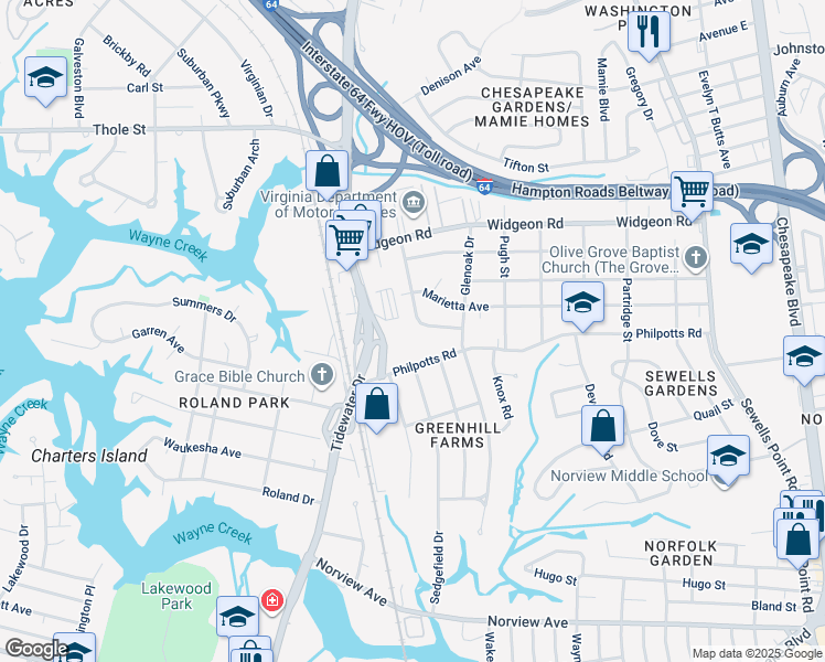 map of restaurants, bars, coffee shops, grocery stores, and more near 860 Philpotts Road in Norfolk