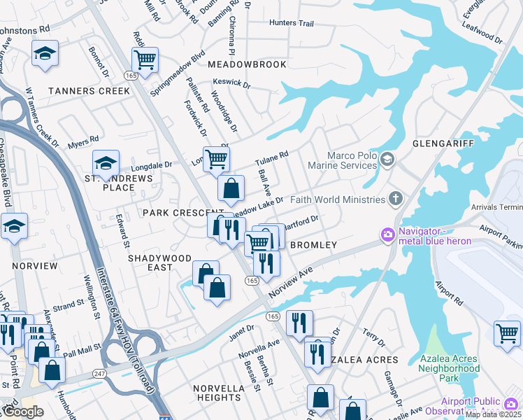 map of restaurants, bars, coffee shops, grocery stores, and more near 1725 Meadow Lake Drive in Norfolk