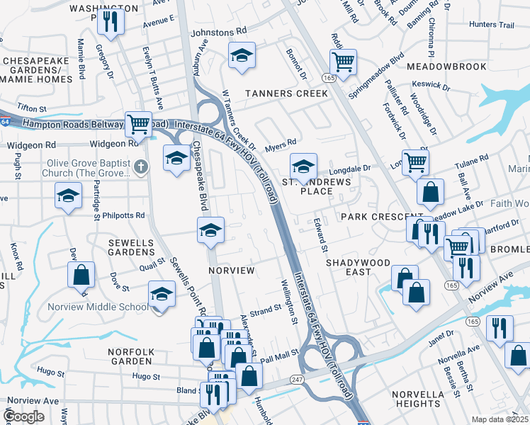 map of restaurants, bars, coffee shops, grocery stores, and more near 6502 Diesel Court in Norfolk