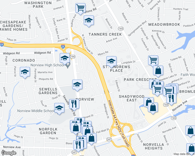 map of restaurants, bars, coffee shops, grocery stores, and more near 6502 Diesel Court in Norfolk