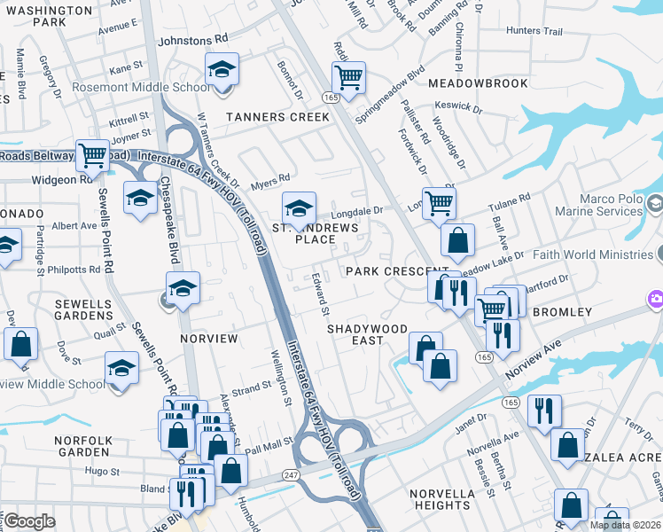 map of restaurants, bars, coffee shops, grocery stores, and more near 1369 East Tanners Creek Drive in Norfolk