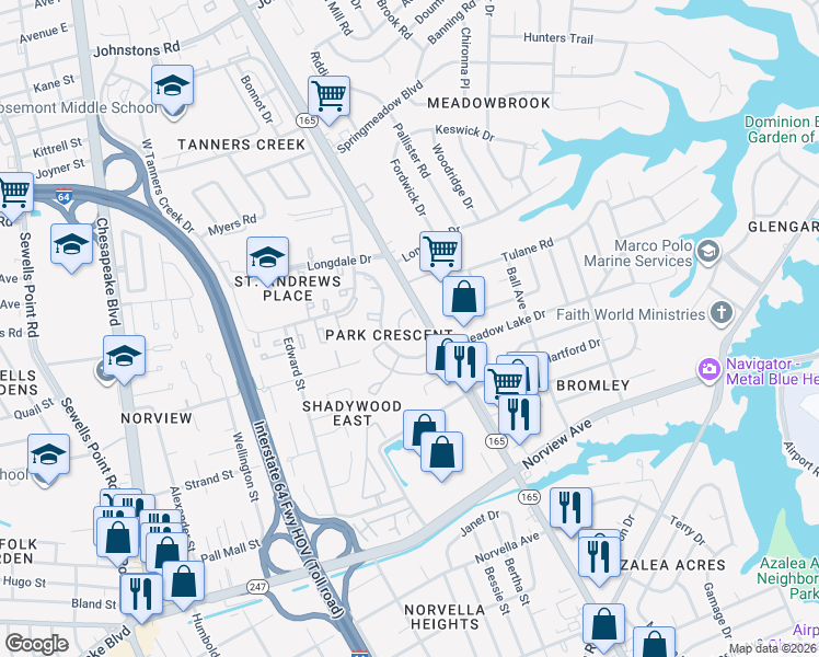map of restaurants, bars, coffee shops, grocery stores, and more near 6400 Crescent Way in Norfolk