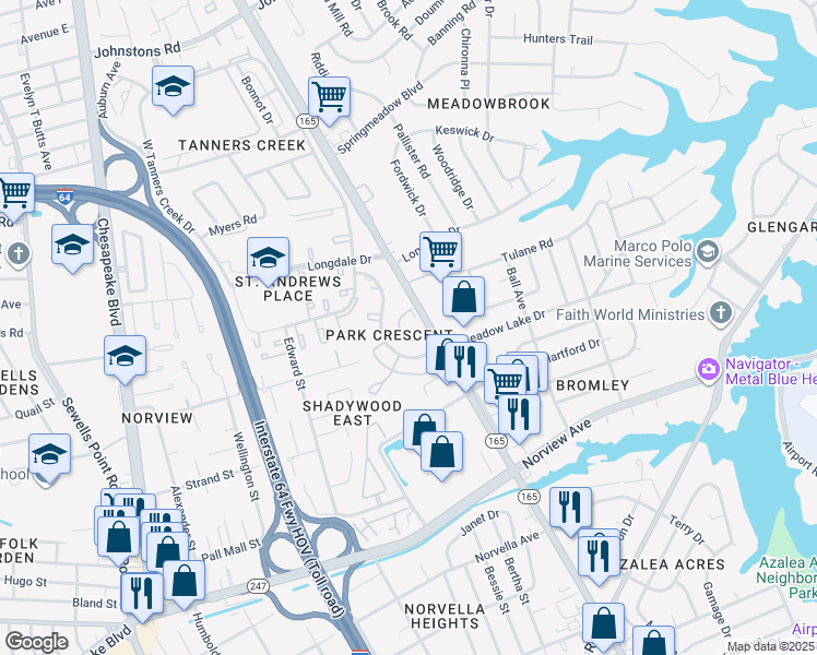 map of restaurants, bars, coffee shops, grocery stores, and more near 6400 Crescent Way in Norfolk