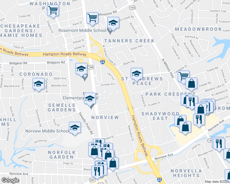 map of restaurants, bars, coffee shops, grocery stores, and more near 6511 Diesel Court in Norfolk