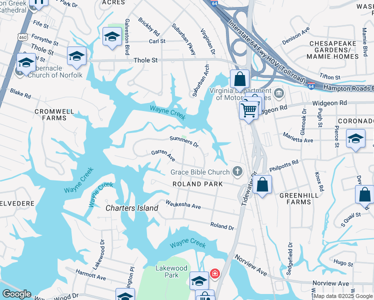 map of restaurants, bars, coffee shops, grocery stores, and more near 6436 Tappahannock Drive in Norfolk