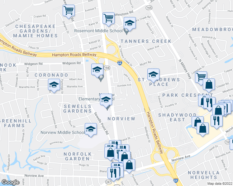 map of restaurants, bars, coffee shops, grocery stores, and more near 6514 Sorby Court in Norfolk