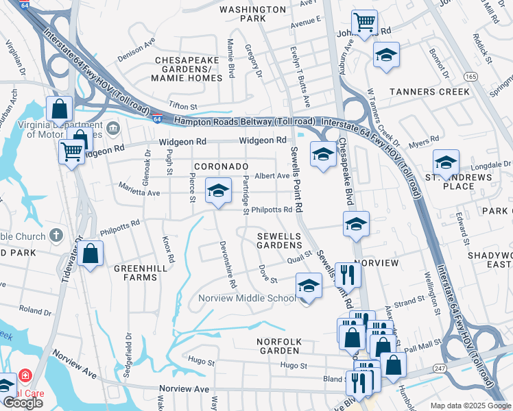 map of restaurants, bars, coffee shops, grocery stores, and more near 1008 Philpotts Road in Norfolk