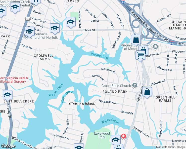 map of restaurants, bars, coffee shops, grocery stores, and more near 530 Garren Avenue in Norfolk