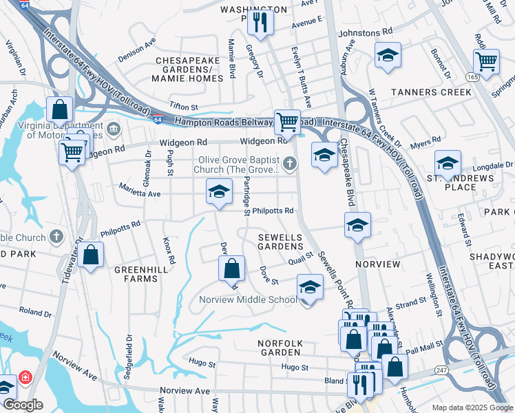 map of restaurants, bars, coffee shops, grocery stores, and more near 1008 Philpotts Road in Norfolk