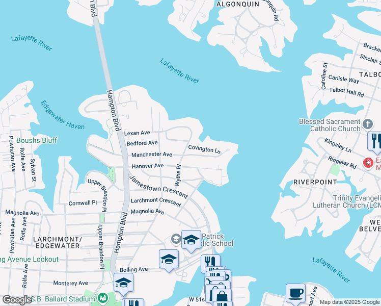 map of restaurants, bars, coffee shops, grocery stores, and more near 1014 Hanover Avenue in Norfolk