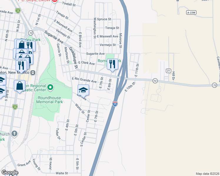 map of restaurants, bars, coffee shops, grocery stores, and more near 425 East 8th Street in Raton