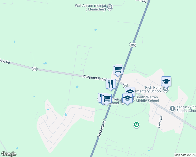 map of restaurants, bars, coffee shops, grocery stores, and more near 3386 Richpond Rockfield Road in Bowling Green