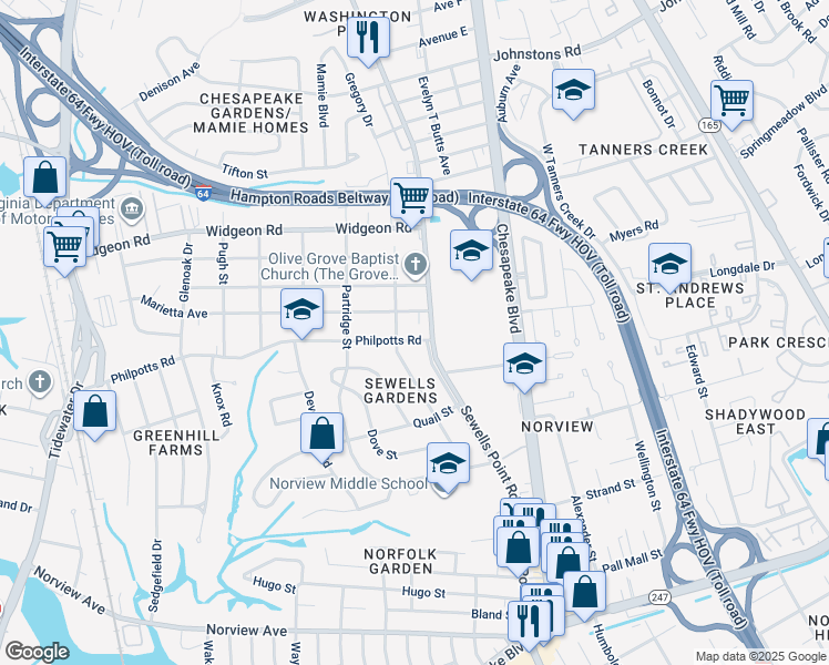 map of restaurants, bars, coffee shops, grocery stores, and more near 1038 Philpotts Road in Norfolk
