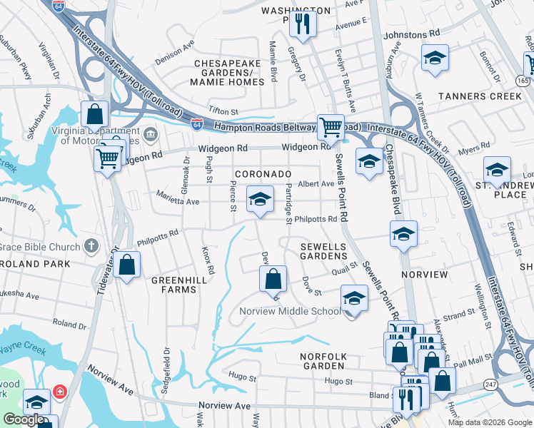 map of restaurants, bars, coffee shops, grocery stores, and more near 983 Philpotts Road in Norfolk
