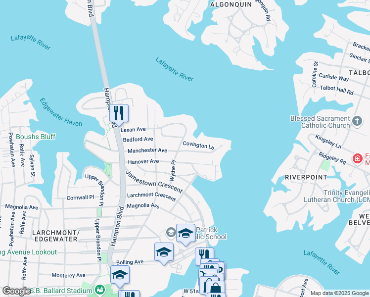 map of restaurants, bars, coffee shops, grocery stores, and more near 1014 Hanover Avenue in Norfolk