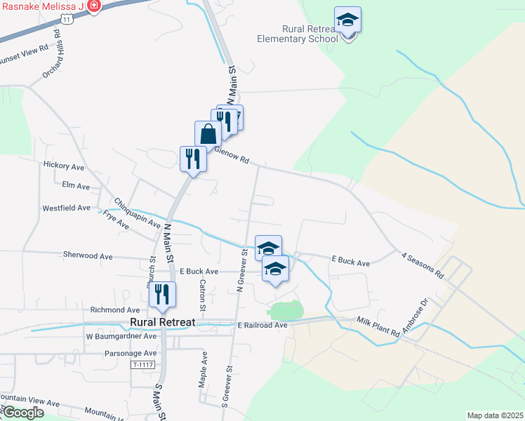 map of restaurants, bars, coffee shops, grocery stores, and more near 301-399 Chestnut Avenue in Rural Retreat