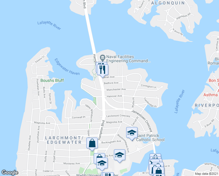 map of restaurants, bars, coffee shops, grocery stores, and more near 1142 Manchester Avenue in Norfolk