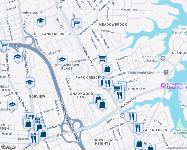 map of restaurants, bars, coffee shops, grocery stores, and more near 6461 Crescent Way in Norfolk