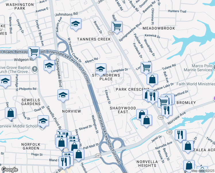 map of restaurants, bars, coffee shops, grocery stores, and more near 1472 East Tanners Creek Road in Norfolk
