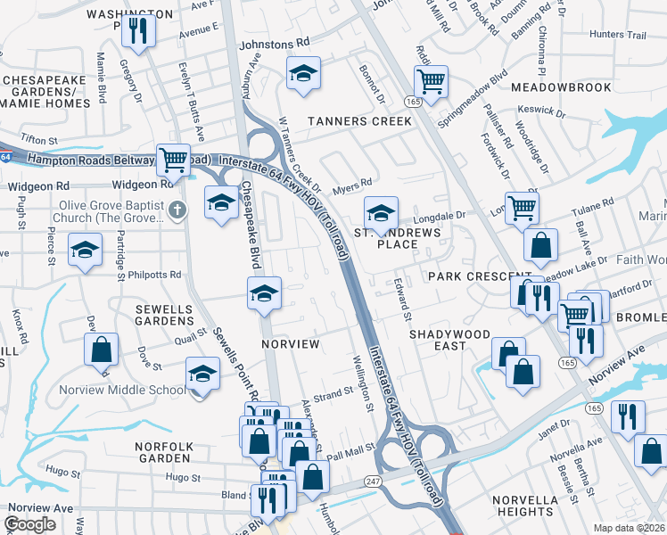 map of restaurants, bars, coffee shops, grocery stores, and more near 6451 Wellington Street in Norfolk