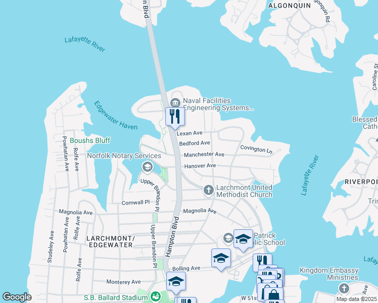 map of restaurants, bars, coffee shops, grocery stores, and more near 1142 Manchester Avenue in Norfolk