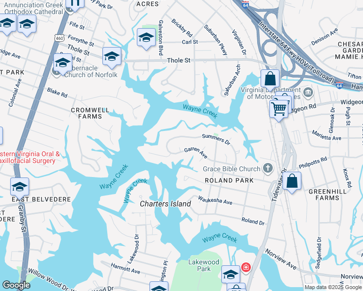 map of restaurants, bars, coffee shops, grocery stores, and more near 6424 Garland Circle in Norfolk