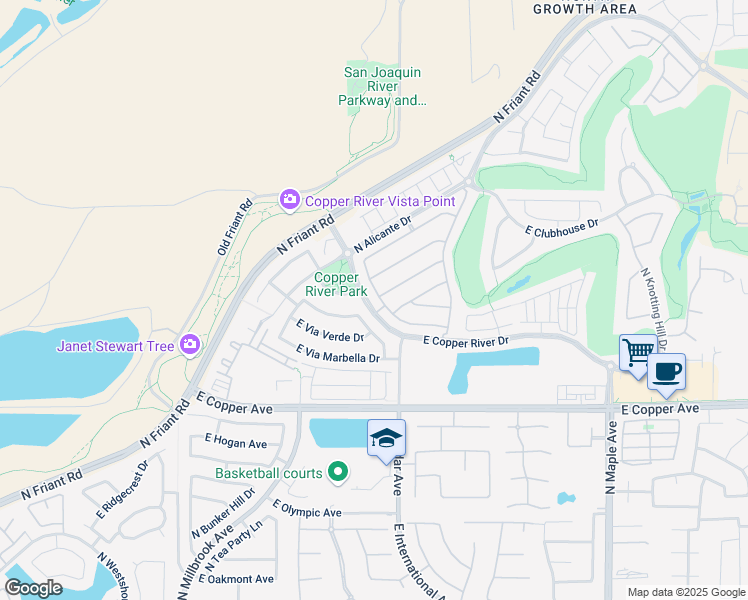 map of restaurants, bars, coffee shops, grocery stores, and more near 11314 North Via Ventana Way in Fresno