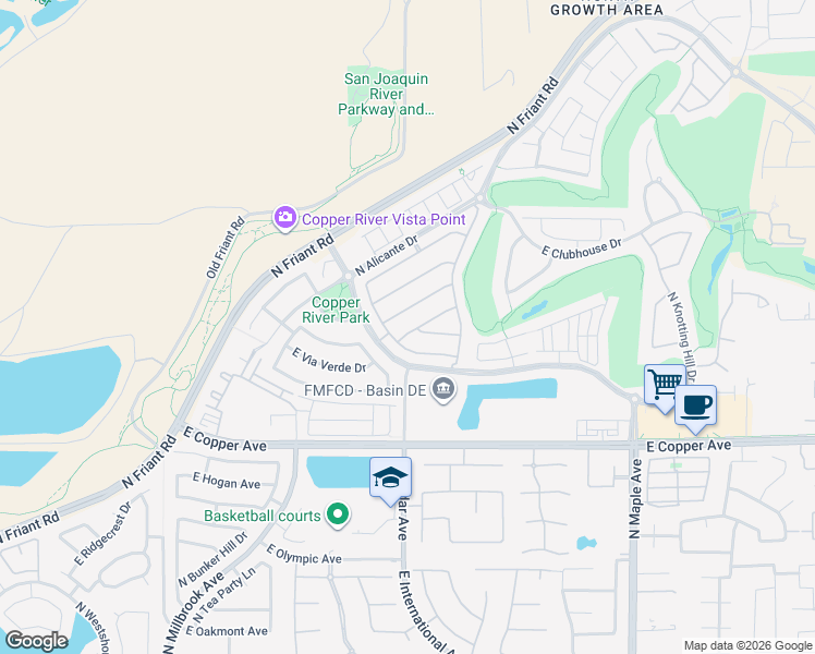 map of restaurants, bars, coffee shops, grocery stores, and more near 11321 North Via Verona Way in Fresno