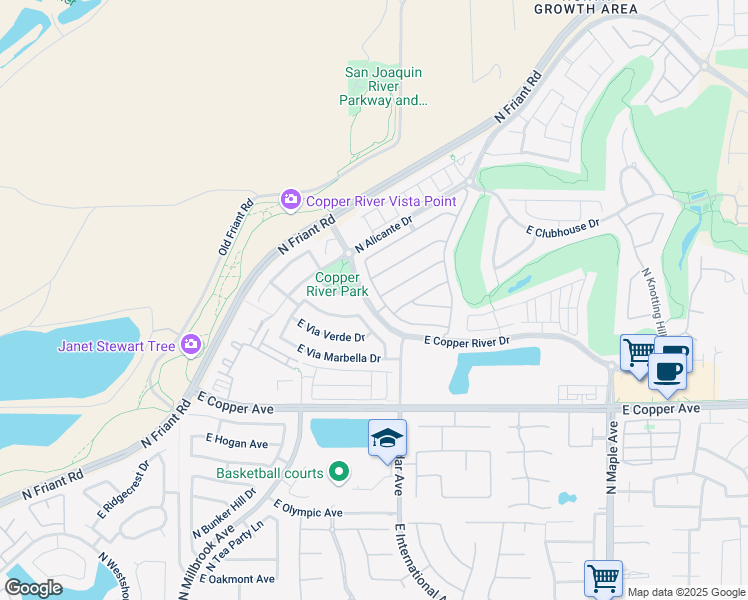 map of restaurants, bars, coffee shops, grocery stores, and more near 11314 North Via Ventana Way in Fresno