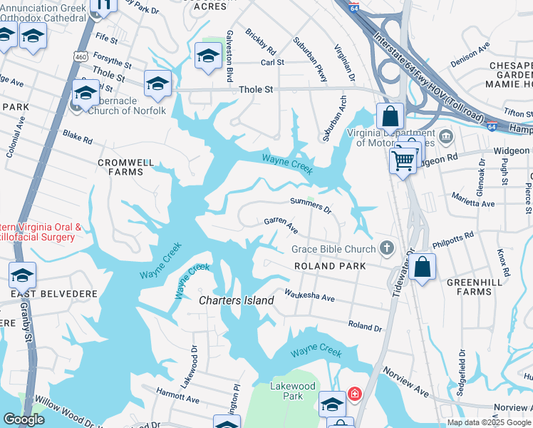 map of restaurants, bars, coffee shops, grocery stores, and more near 530 Garren Avenue in Norfolk