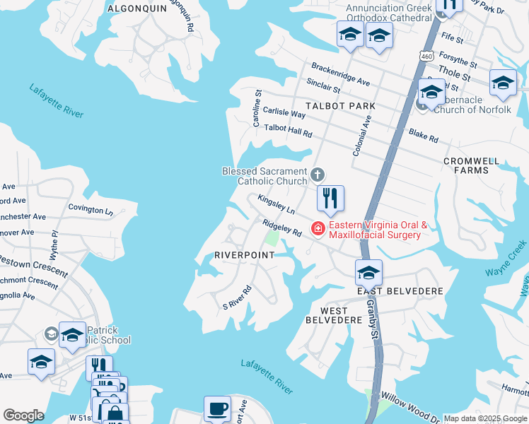 map of restaurants, bars, coffee shops, grocery stores, and more near 457 Painter Street in Norfolk