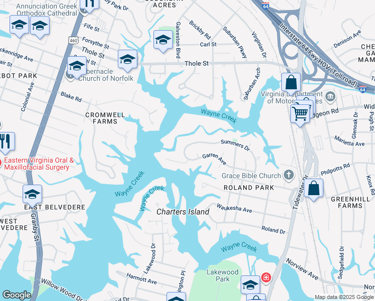 map of restaurants, bars, coffee shops, grocery stores, and more near 501 Summers Drive in Norfolk