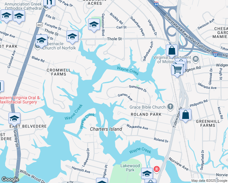 map of restaurants, bars, coffee shops, grocery stores, and more near 6432 Garland Circle in Norfolk
