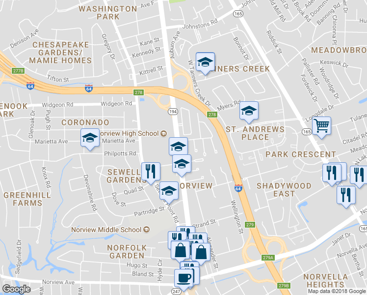 map of restaurants, bars, coffee shops, grocery stores, and more near 6525 Sorby Court in Norfolk