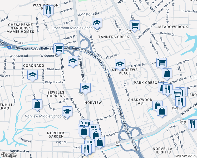 map of restaurants, bars, coffee shops, grocery stores, and more near 6524 Pasteur Court in Norfolk