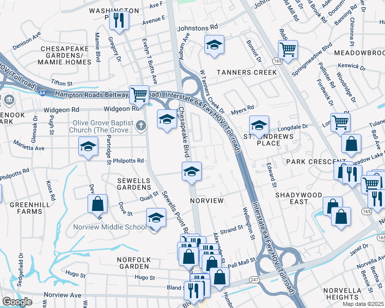 map of restaurants, bars, coffee shops, grocery stores, and more near 6525 Sorby Court in Norfolk