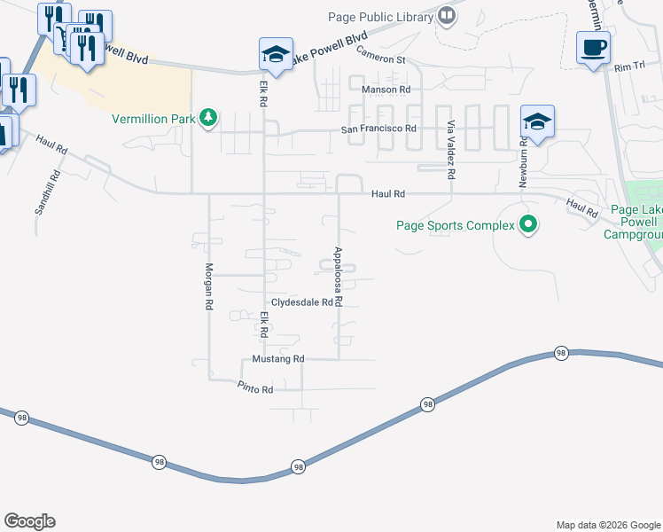 map of restaurants, bars, coffee shops, grocery stores, and more near 230 Appaloosa Road in Page