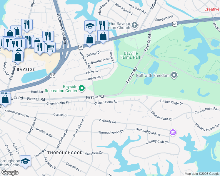 map of restaurants, bars, coffee shops, grocery stores, and more near 4132 First Court Road in Virginia Beach