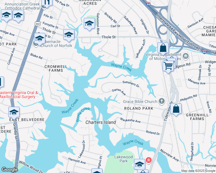 map of restaurants, bars, coffee shops, grocery stores, and more near 6432 Garland Circle in Norfolk