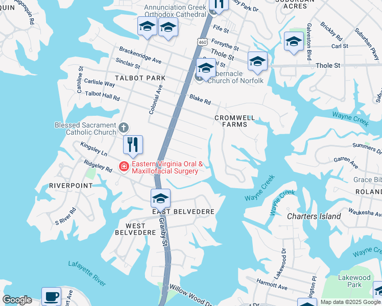 map of restaurants, bars, coffee shops, grocery stores, and more near 128 Dumont Avenue in Norfolk