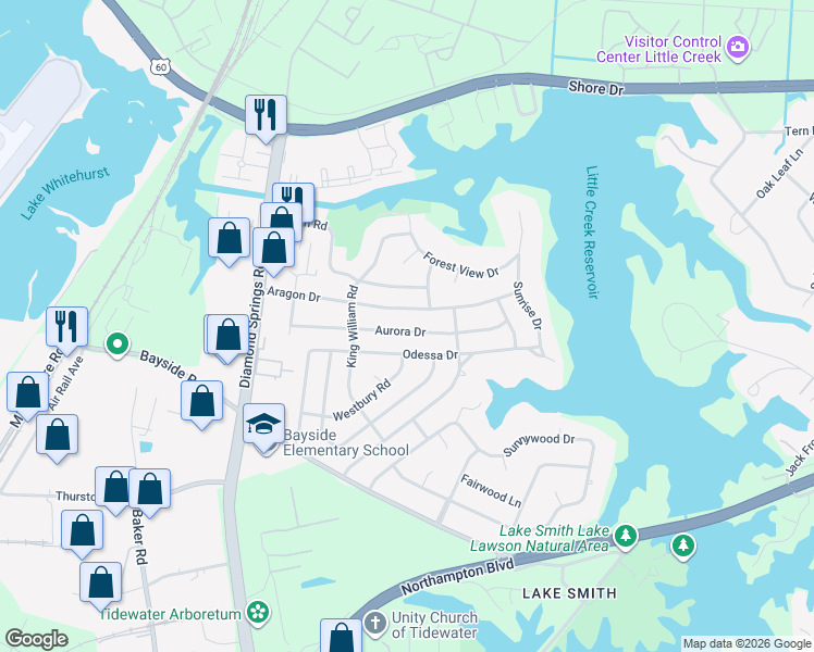 map of restaurants, bars, coffee shops, grocery stores, and more near 5572 Aragon Drive in Virginia Beach