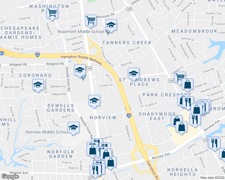 map of restaurants, bars, coffee shops, grocery stores, and more near 6523 Diesel Court in Norfolk